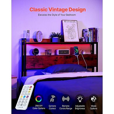 Bed Headboard with LED Lights, USB Charging, and Adjustable Feet