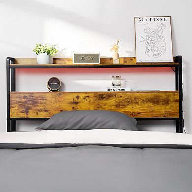 Bed Headboard with LED Lights, USB Charging, and Adjustable Feet