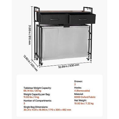 3-Bag Rolling Laundry Hamper Sorter with Drawers and Wheels
