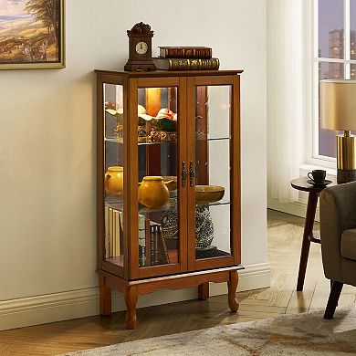 Lighted Corner Curio Cabinet with Glass Doors and Adjustable Shelves