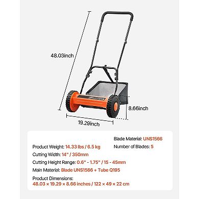 Manual Push Reel Mower Cutting Width, Adjustable Height, Durable Steel Blades