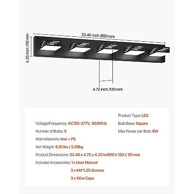 5-Light LED Bathroom Vanity Fixture with Adjustable Lamp Heads