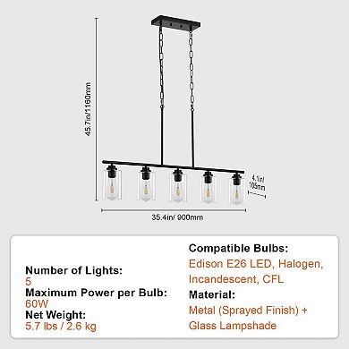 5-Light Kitchen Island Pendant Chandelier Clear Glass Shades