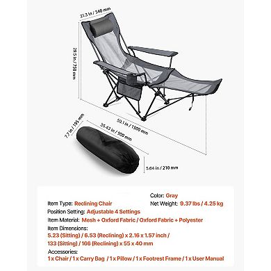 Folding Recliner Chair Outdoor Patio Camping Chair 4-Position Adjustable