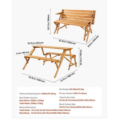 2-in-1 Convertible Picnic Table and Chairs, Outdoor Fir Wood Seating