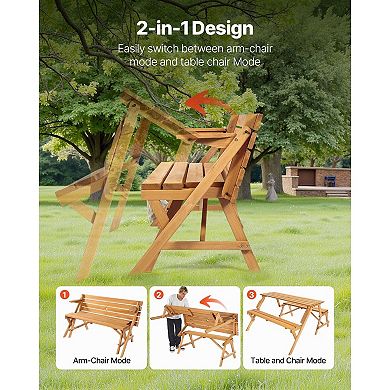 2-in-1 Convertible Picnic Table and Chairs, Outdoor Fir Wood Seating