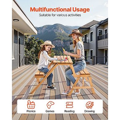 2-in-1 Convertible Picnic Table and Chairs, Outdoor Fir Wood Seating