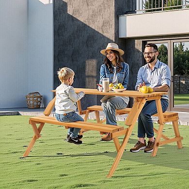 2-in-1 Convertible Picnic Table and Chairs, Outdoor Fir Wood Seating
