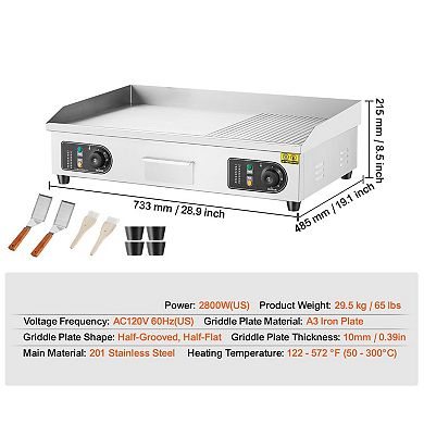 Electric Griddle Flat-Top Stainless Steel Even Heat for Burgers, Eggs, Steaks