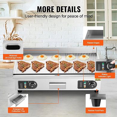 Electric Griddle Flat-Top Stainless Steel Even Heat for Burgers, Eggs, Steaks