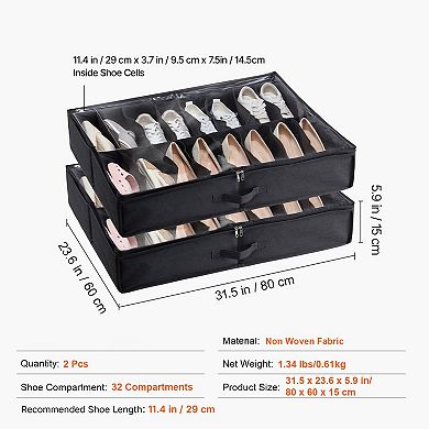Set of 2 Under-Bed Shoe Storage Box 32 Pairs Clear PVC Lid Dual-Zipper
