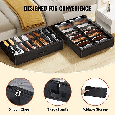 Set of 2 Under-Bed Shoe Storage Box 32 Pairs Clear PVC Lid Dual-Zipper