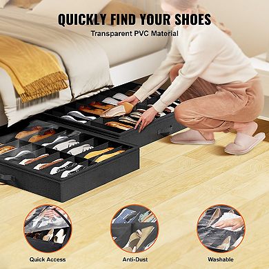 Set of 2 Under-Bed Shoe Storage Box 32 Pairs Clear PVC Lid Dual-Zipper