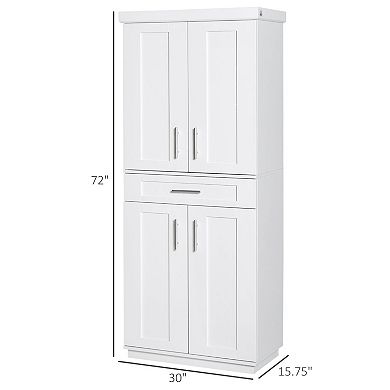 Freestanding Kitchen Pantry Cabinet with Doors, Drawer, and Adjustable Shelves