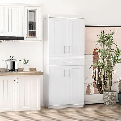 Freestanding Kitchen Pantry Cabinet with Doors, Drawer, and Adjustable Shelves