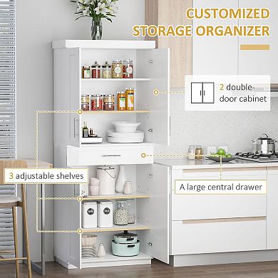 Freestanding Kitchen Pantry Cabinet with Doors, Drawer, and Adjustable Shelves