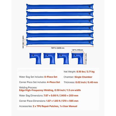 6-Pack Pool Cover Water Bags Kit Edge Bags with 4 Corner Tubes PVC