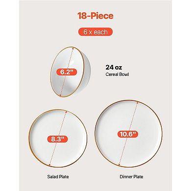 18-Piece Ceramic Dining Set for 6, Includes Dinner, Salad Plates and Bowls