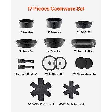 17 Piece Cookware Set with Removable Handles NonStick Pans Glass Lids Oven and Stovetop Safe
