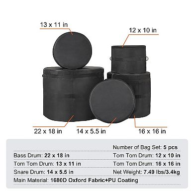 5-Piece Drum Bag Set with Padded Protection and Detachable Shoulder Strap