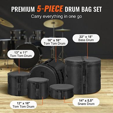5-Piece Drum Bag Set with Padded Protection and Detachable Shoulder Strap