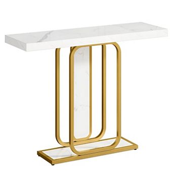 LED Console Table with Metal Frame and Faux Marble Top for Living Room