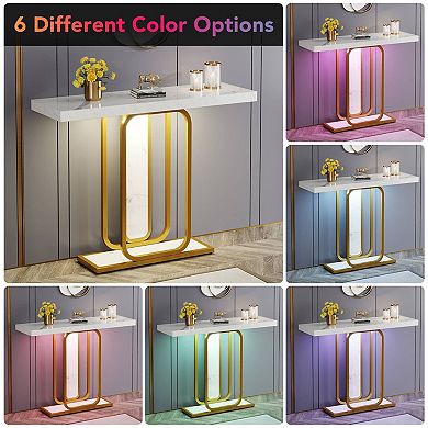 LED Console Table with Metal Frame and Faux Marble Top for Living Room