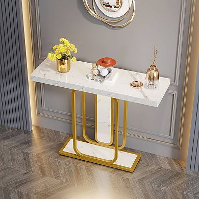 LED Console Table with Metal Frame and Faux Marble Top for Living Room