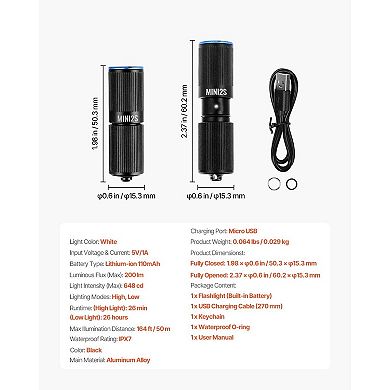Compact Keychain Flashlight with High and Low Modes, Micro USB Charging