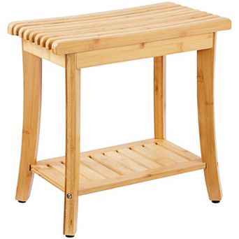 Compact Wicker Shower Bench with Storage, Curved Seat for Bath or Entryway