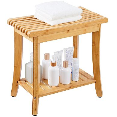 Compact Wicker Shower Bench with Storage, Curved Seat for Bath or Entryway