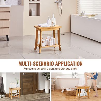 Compact Wicker Shower Bench with Storage, Curved Seat for Bath or Entryway
