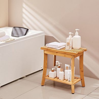 Compact Wicker Shower Bench with Storage, Curved Seat for Bath or Entryway