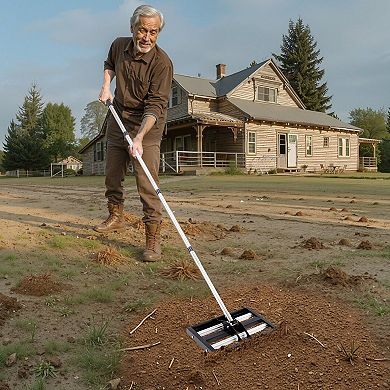 Garden and Lawn Leveling Rake with Aluminum Rollers and Adjustable Handle