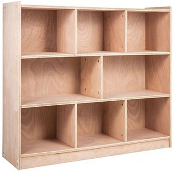 8-Compartment Cubby Tray Storage Cabinet for Kids, Natural Wood, Playroom Organizer