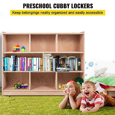8-Compartment Cubby Tray Storage Cabinet for Kids, Natural Wood, Playroom Organizer