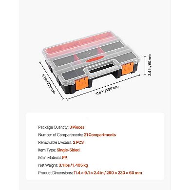 3-Pack Small Parts Organizer Boxes with 21 Compartments and Removable Trays