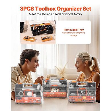 3-Pack Small Parts Organizer Boxes with 21 Compartments and Removable Trays