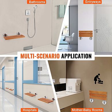 Space-Saving Wall Fold-Down Teak Shower Seat for Bathroom or Shower Use