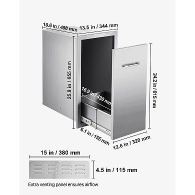 Stainless Steel Trash and Storage Drawer for BBQ Islands, Patios, and Kitchens