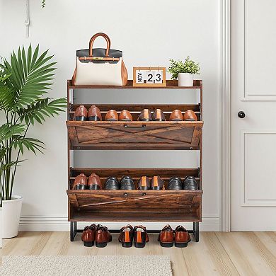 Farmhouse Shoe Storage Cabinet with Flip Drawers and Adjustable Shelves