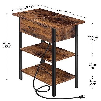 Narrow End Table with Built-In Charging Station, Flip-Top Hidden Drawer and 2 Open Shelves