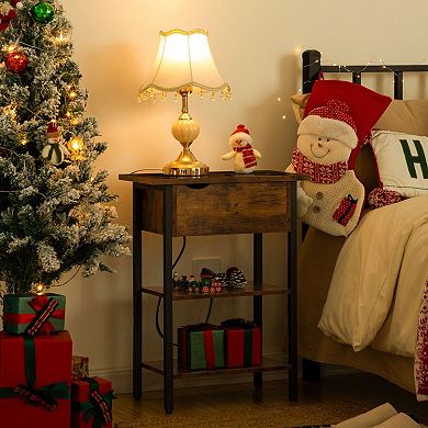 Narrow End Table with Built-In Charging Station, Flip-Top Hidden Drawer and 2 Open Shelves