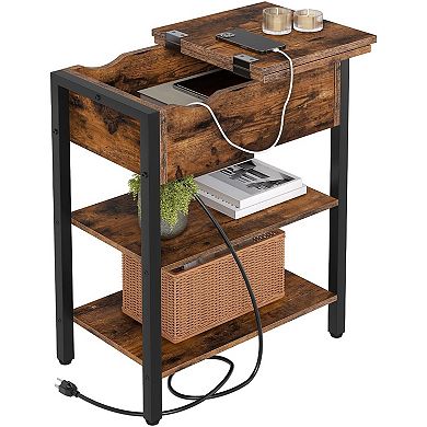 Narrow End Table with Built-In Charging Station, Flip-Top Hidden Drawer and 2 Open Shelves