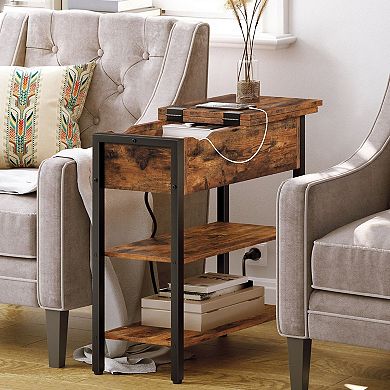 Narrow End Table with Built-In Charging Station, Flip-Top Hidden Drawer and 2 Open Shelves