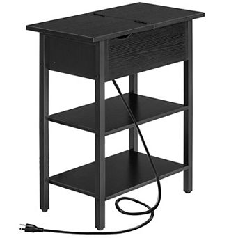 Narrow End Table with Built-In Charging Station, Flip-Top Hidden Drawer and 2 Open Shelves