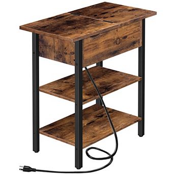 Narrow End Table with Built-In Charging Station, Flip-Top Hidden Drawer and 2 Open Shelves