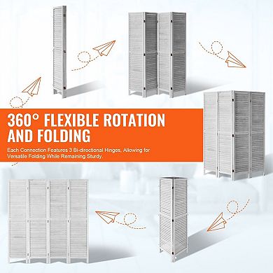 4-Panel Wooden Room Divider with Louvered Panels and Foldable 360° Design