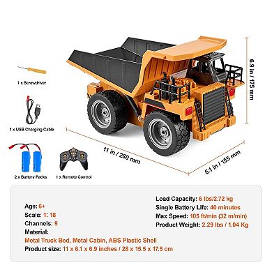 9-Channel Remote Control Dump Truck, Metal Cabin and Bed, Strong 4WD Construction Toy