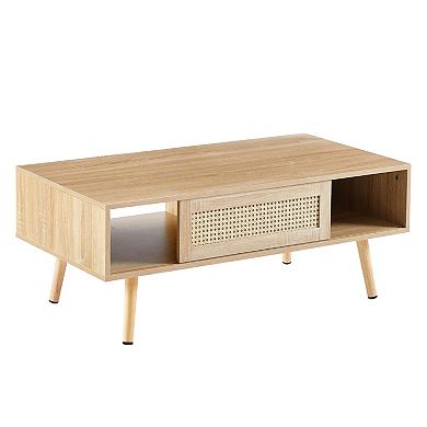 Rattan Coffee Table with MDF Body and Solid Wood Legs, Sliding Storage